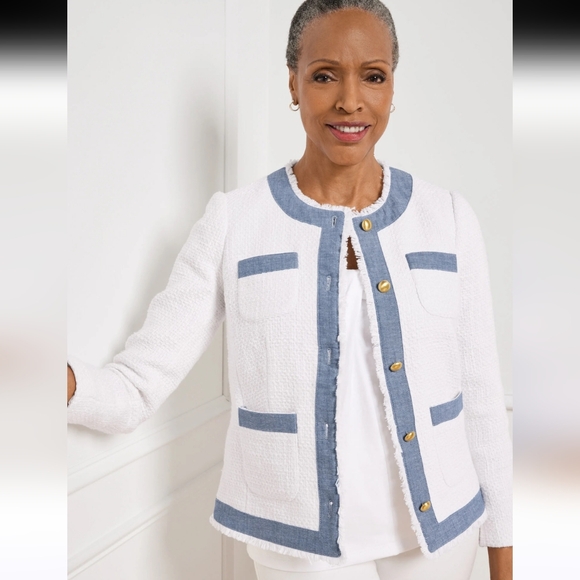 Talbots Petites White Denim Tweed Blazer Jacket Size 12P Button Up Fringed Chic - Picture 1 of 16